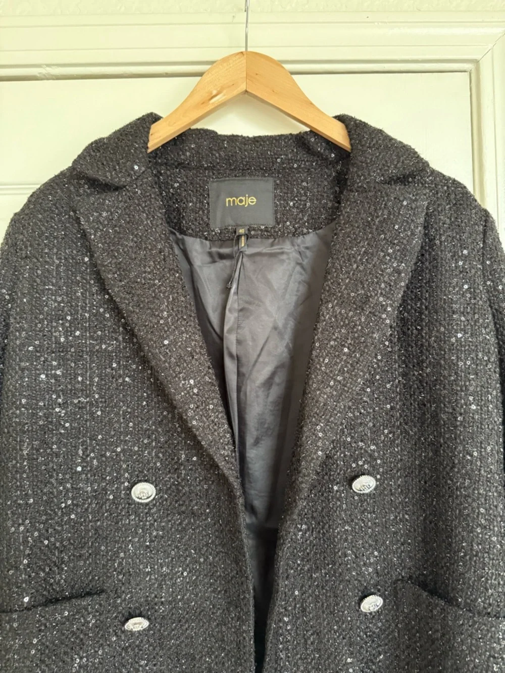 Maje Venatelli Blazer Black Sequined Tweed Double-Breasted Size Large (40) - Picture 4 of 8